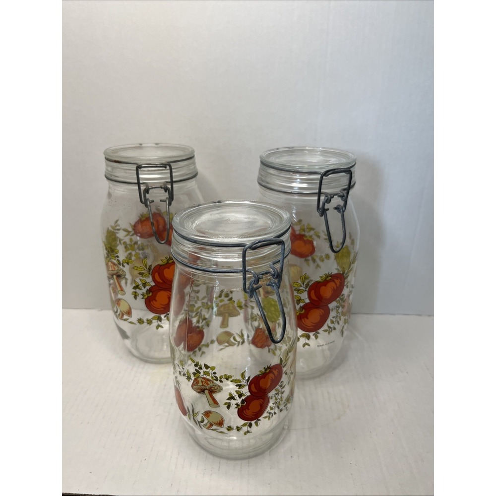ARC France Vintage Spice Of Life Mushroom Veg Glass Canister Jar Set Of 3 1970s